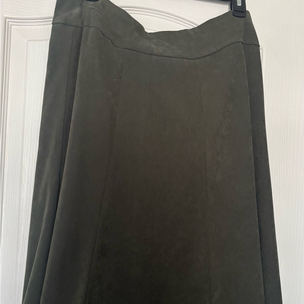 Maxi A-line olive green suede skirt